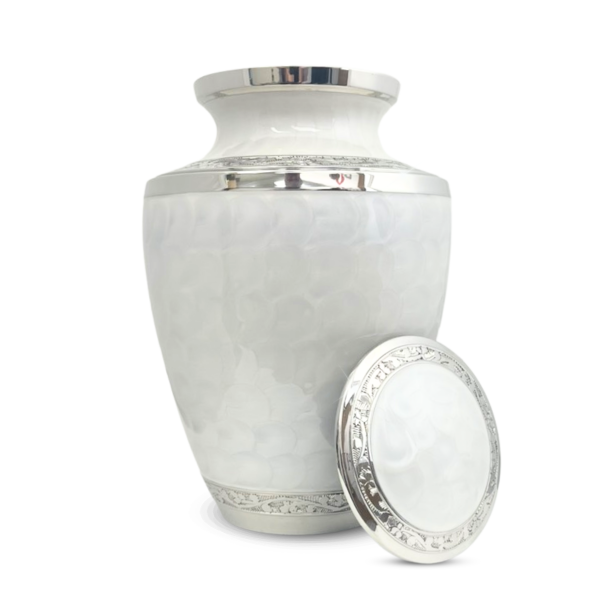 White Floral Adult Brass Urn